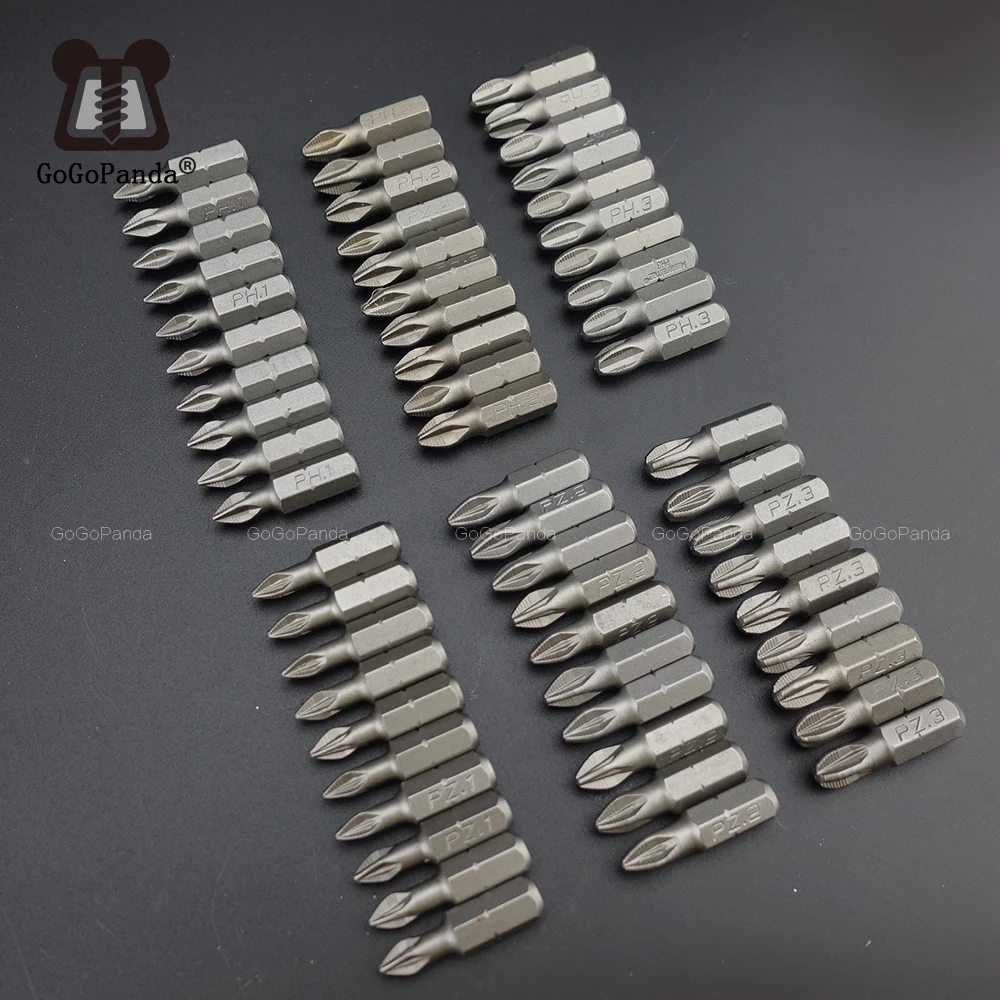 25mm Bits Set  GCr15 Pozidrive Bits Hex Shanked Anti Slip Screwdriver Bits Magnetic Single Head PZ1 / PZ2 / PZ3 PH1 PH2 PH3