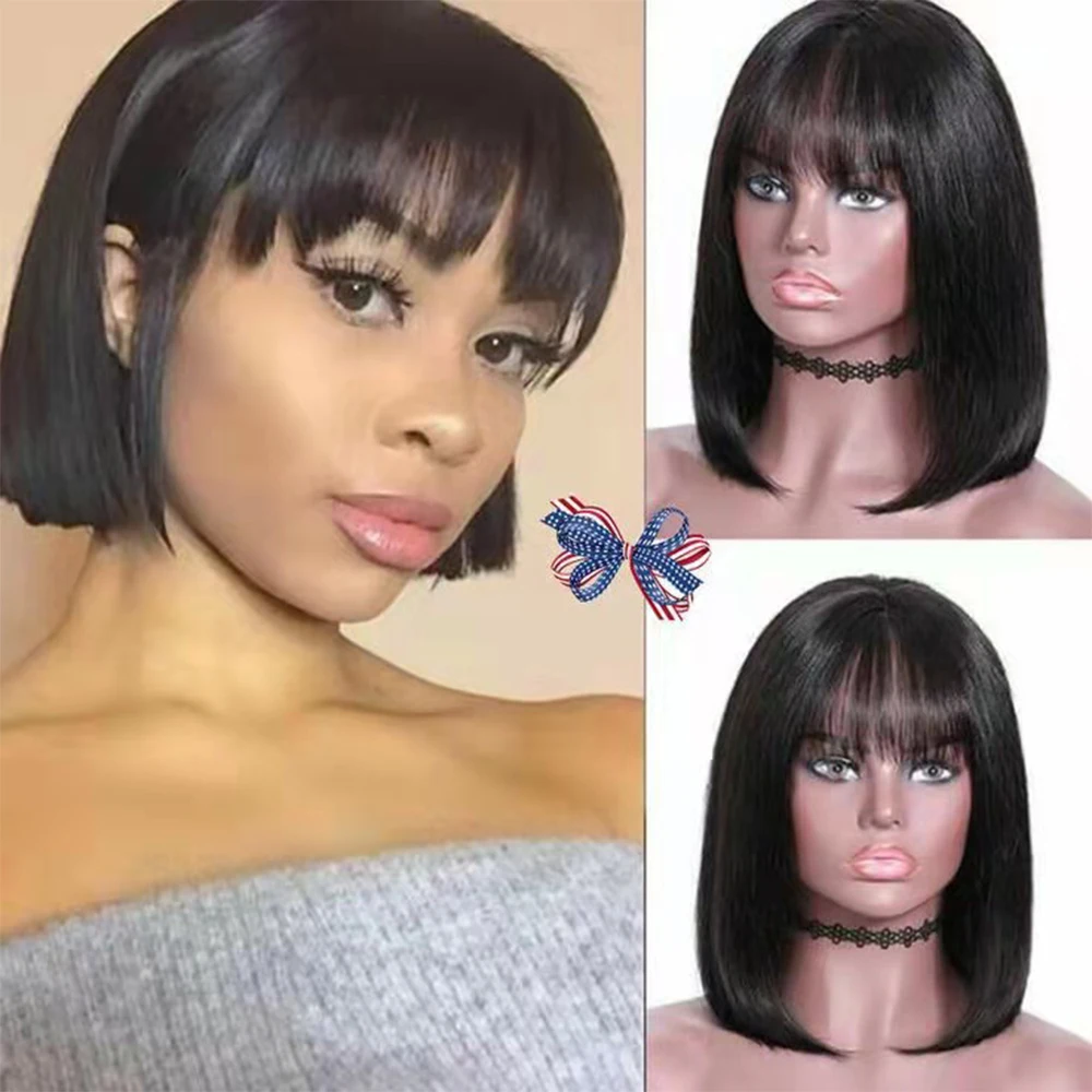 

Straight Wig With Bangs Fringe Short Bob Human Hair Wig With Bangs For Women Brazilian No Glue Full Machine Made With Bangs