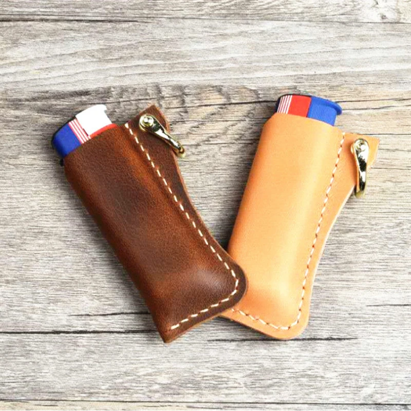 Genuine Handmade Cowhide Leather Lighter Case For Cricket Lighters Pouches Body Protection With Keychain Cigarette Accessories