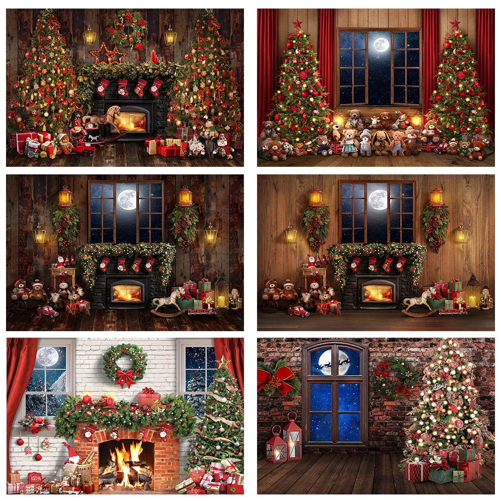 

Mocsicka Christmas Backdrop Wood Floor Brick Wall Xmas Tree Window Fireplace Photo Background Kids Portrait Photography Doll Toy