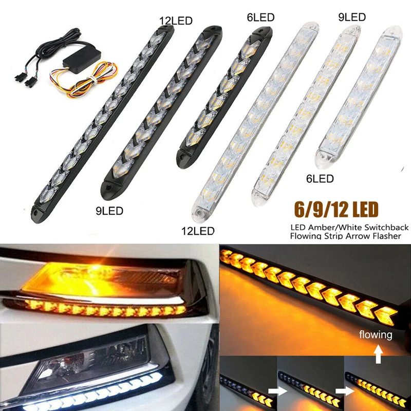 2PCS ,DRL Turn Signal 12V LED Daytime Running Lights Flowing Amber Arrows Flexible Waterproof Universal