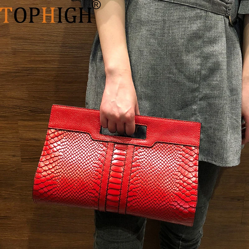 TOPHIGH Hot Sales Clutch Bag Leather Handbag Snake Pattern Leather Shoulder Bag Luxury Brand Tote Hand Bag Purse