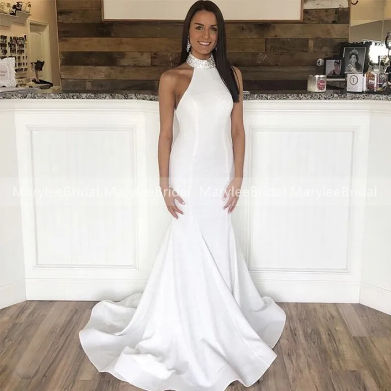 Sparkly Halter Neck Wedding Dresses Mermaid/Trumpet Style Simple White Beach Bridal Gowns Crisscross Back Country robe de mariée image 3