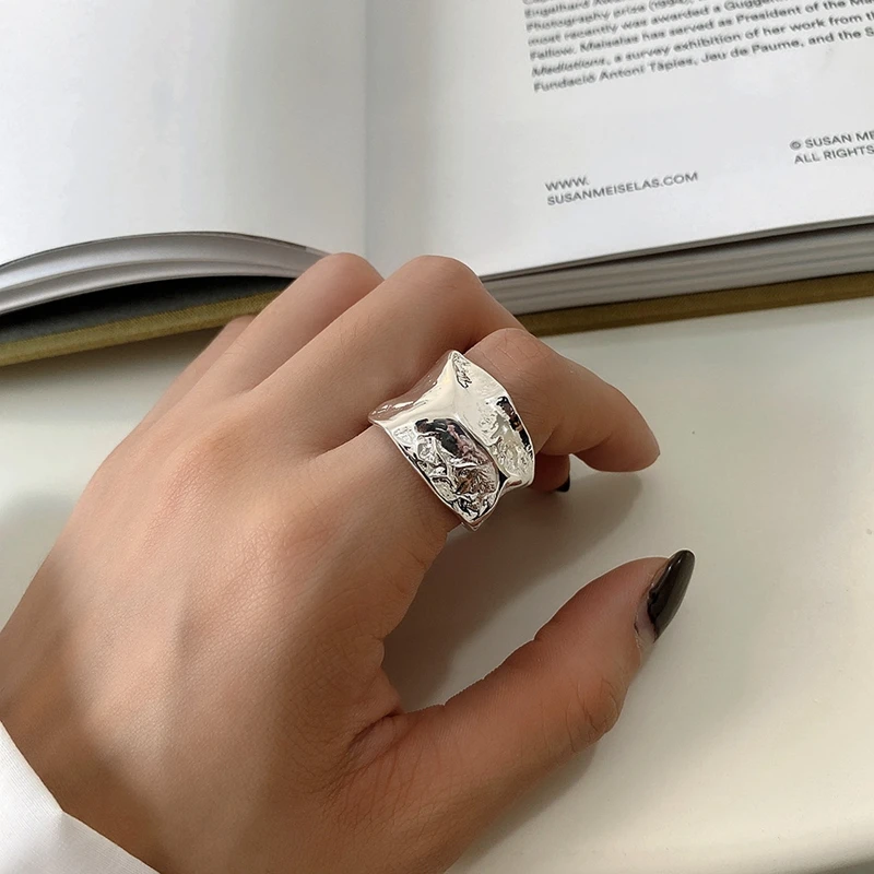 Silvology 925 Sterling Silver Irregular Texture Wide Rings Thick Industrial Style Exaggeration Rings for Women Designers Jewelry