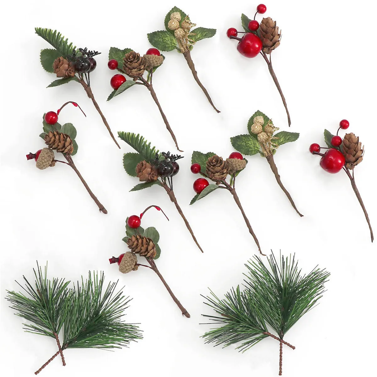 14 Pcs Artificial Flower Christmas Pine Picks with Red Berries and Pine Cones Christmas Decoration for Home Floral Decor Craft