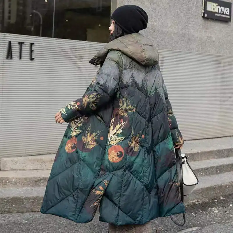 Women\'s Winter New Fashion Long Yellow Green Orange White Duck Down Coat Women\'s Loose Warm Jacket  Female Print Hooded Coat