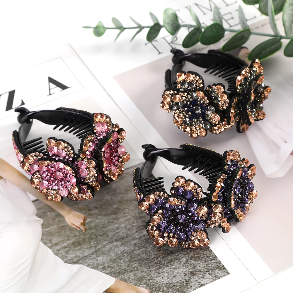 AWAYTR Women Flower Hair Clips Claw Rhinestone Ponytail Hair Accessories Hairpins Ladies Headbands Girls Ornaments Barrettes