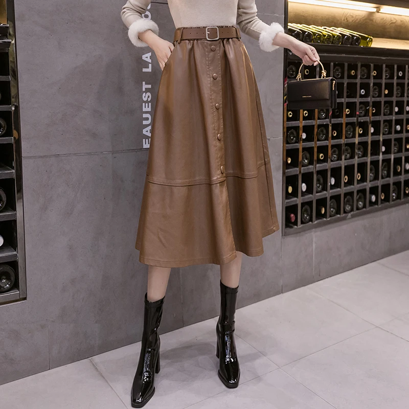 REALEFT 2021 New Autumn Winter PU Faux Leather Long Skirt with Belt High Waist Vintage Buttons Mid-calf Umbrella A-Line Skirt