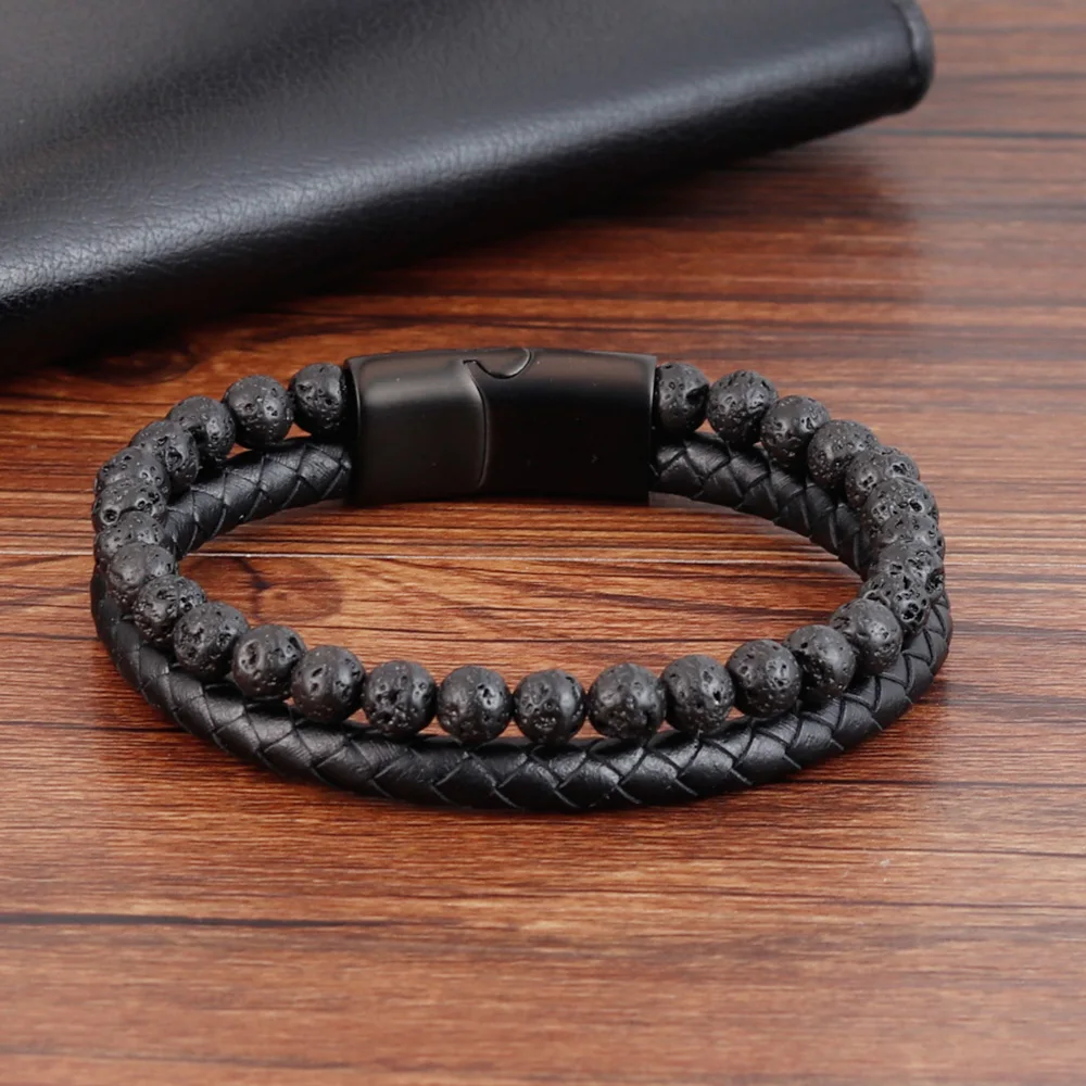 Punk Men Braid Bracelet Multilayer Leather Natural Stone Beaded Bangle Stainless Steel Magnetic Clasp Male Jewelry