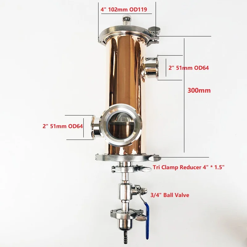 

New Type Copper 4"(102mm)OD119 Gin Basket Set For Distillation,2*Side Ports 2"(51mm)OD64 With Filter Of V-1500ml,Length 300mm