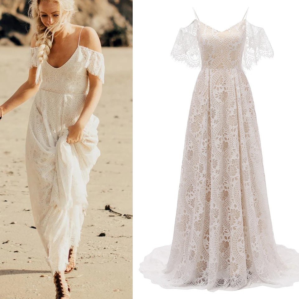 

Boho Backless Wedding Gown Lace Beach Long Cheap Bridal Dress Bohemian Flutter Sleeves Cheap Cold Shoulder Customized #889