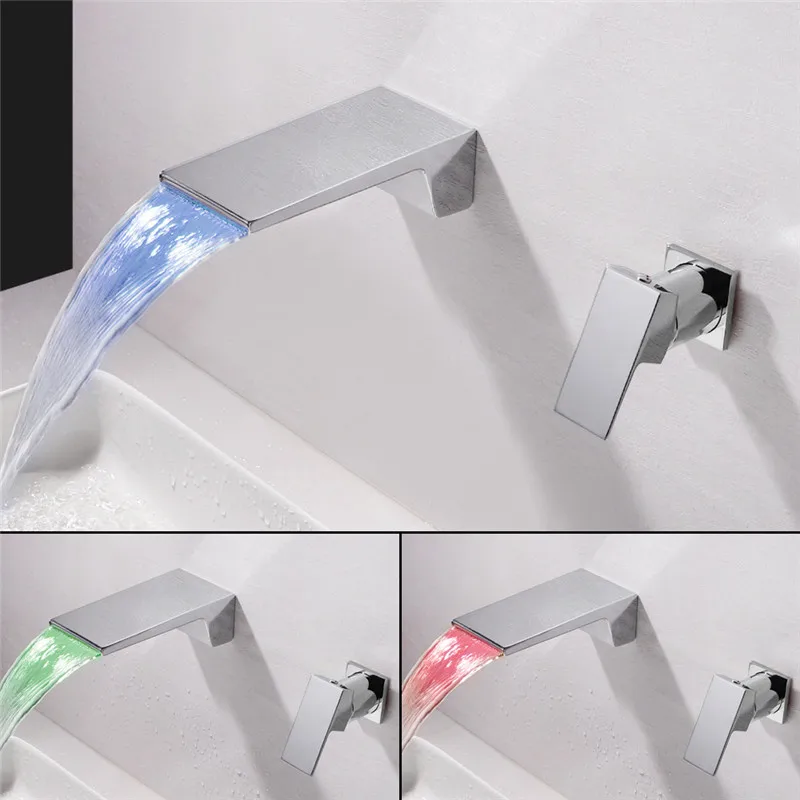 

Bathroom Faucet Wall Mounted Widespread Basin Faucet Single Handle 2 Holes Bathtub Faucet with Temperature Sensitive LED Light