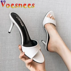 Summer Slippers Women Shallow Solid Color One word with Home Sandals Beach Shoes Sexy High Heels 7cm Thin Heels Pu Women Shoes