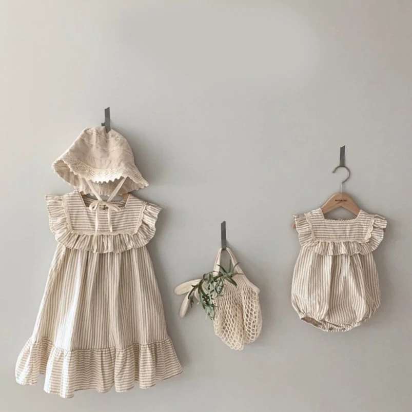 Toddler Vintage Stripe Romper Dress for Girls Clothes Summer Ruffles Lace Baby Bodysuit for Sister Family Macth Clothing