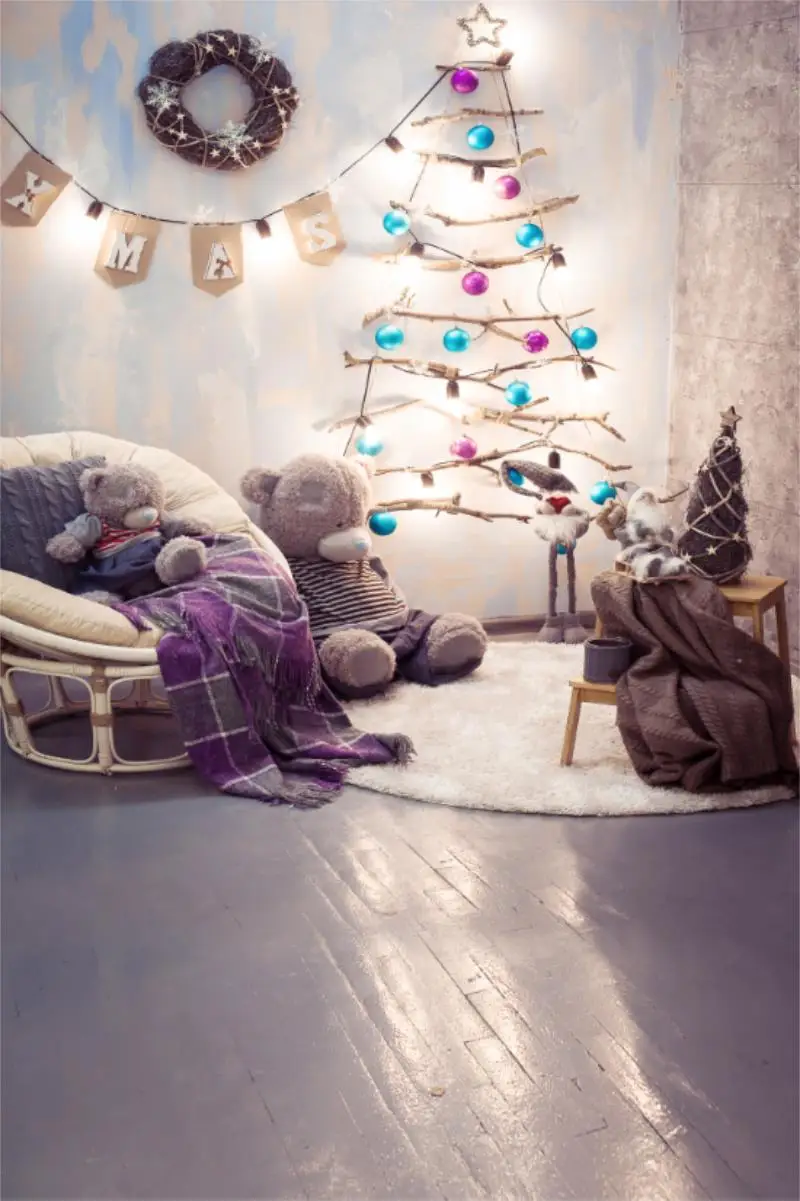 Laeacco 사진 배경 메리 크리스마스 트리 테디 베어 소파 화환, 어린이 초상화 사진 배경, 포토콜 사진 스튜디오