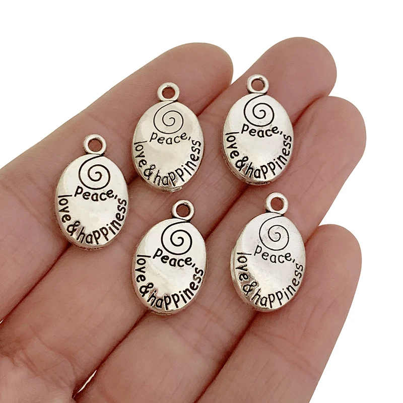 

20 x Tibetan Silver 2 Sided "Peace Love Happiness" Oval Charms Pendants Bead for DIY Bracelet Jewelry Making Accessories 20x13mm