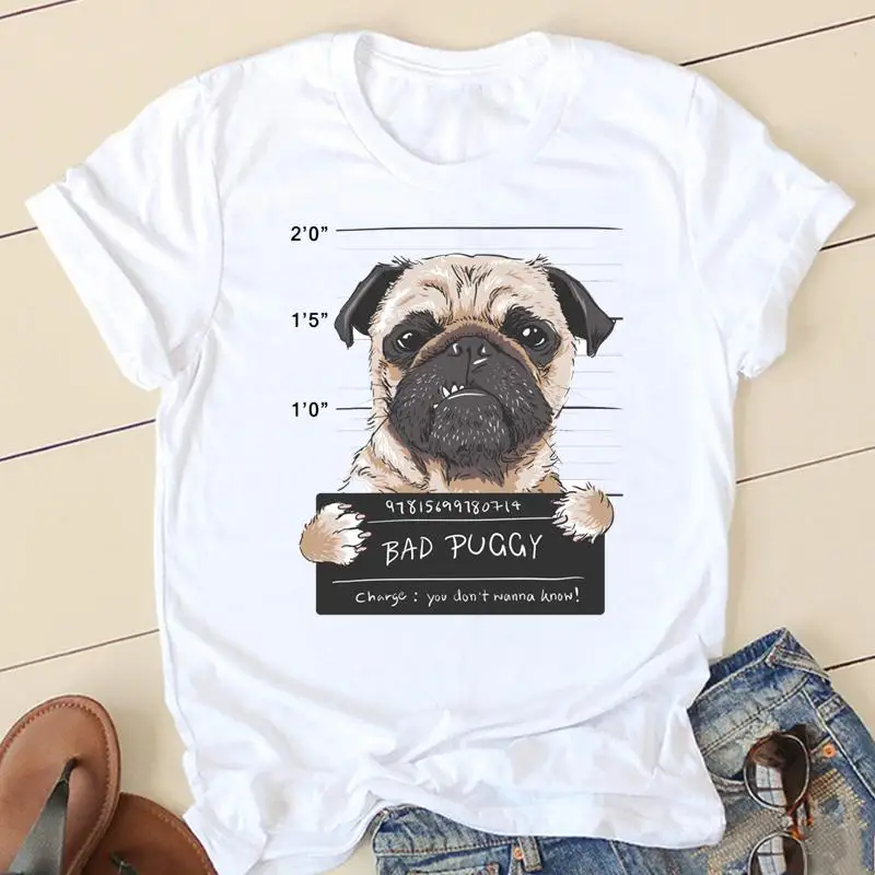 Women T-shirts 90s Love Pug Dog Ladies Fashion Clothing Short Sleeve Cartoon Clothes Spring Summer Female Tee Graphic Tshirt