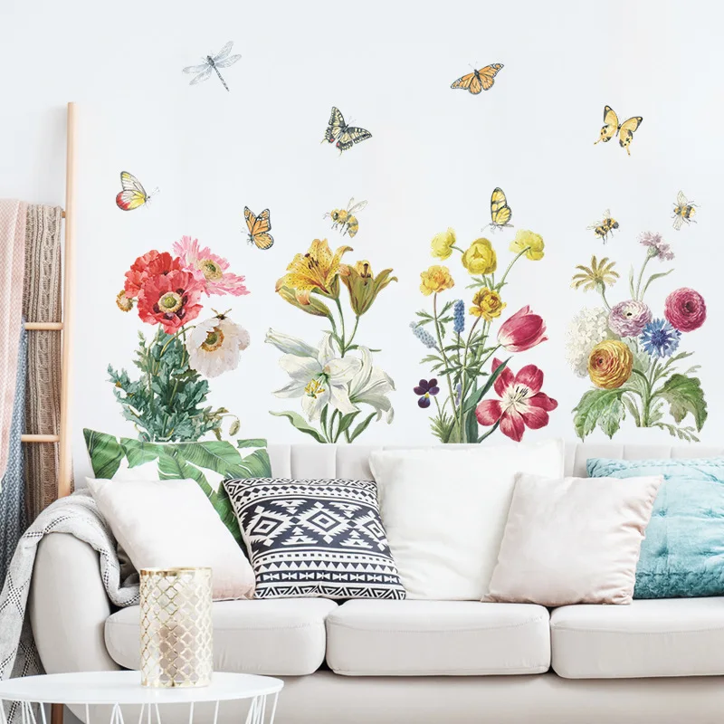 

Colored Flowers Butterflies Wall Sticker For Living Room Sofa Background Decoration Decals Bedroom Mural Plant Beautify Paster