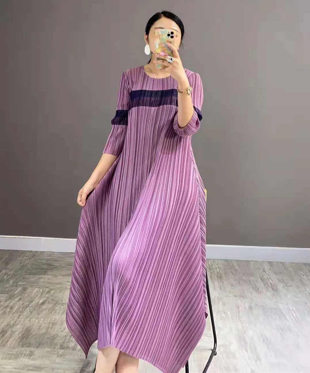 

HOT SELLING Miyake High quality pleated one-piece dress three quarter print o-neck A-Line dress IN STOCK