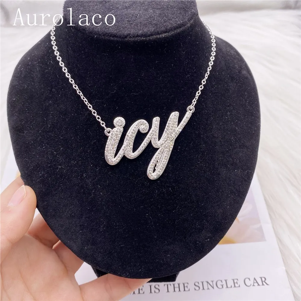 AurolaCo CZ Diamond Name Necklace Box Chain Custom Gold Color Stainless Steel Letter Nameplate Necklace for women Gifts