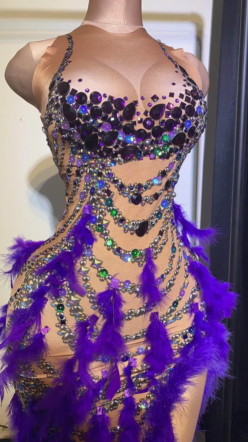 Sexy Purple Crystal Feather Long Dress Women Stretch Nude Evening Party Bodycon Dress Singer Stage High Slit Rhinestone Dress