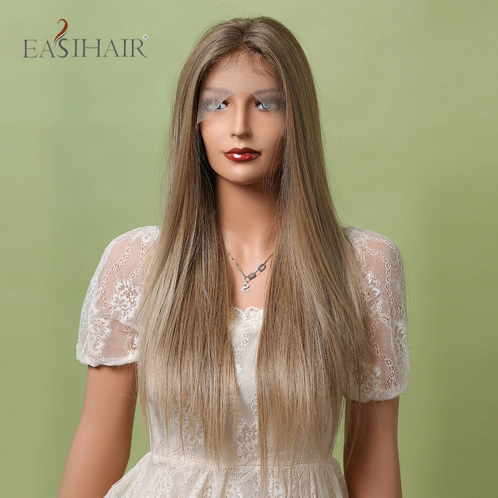 Easihair longo marrom perucas da parte dianteira do laço para as perucas sintéticas do cabelo reto com cabelo do bebê parte média resistente ao