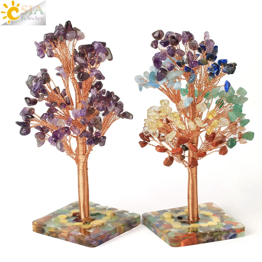 

CSJA 7 Chakra Natural Crystal Tree of Life Money Tree With Agate Slices Resin Base Reiki Tumbled Stone Fengshui Home Decor G814