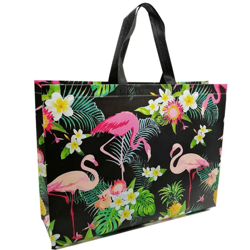 Foldable Shopping Bag Travel Grocery Pouch Flamingos Floral Print Tote Pouch High Quality Eco Large Tote Non-Woven Fabric Bags