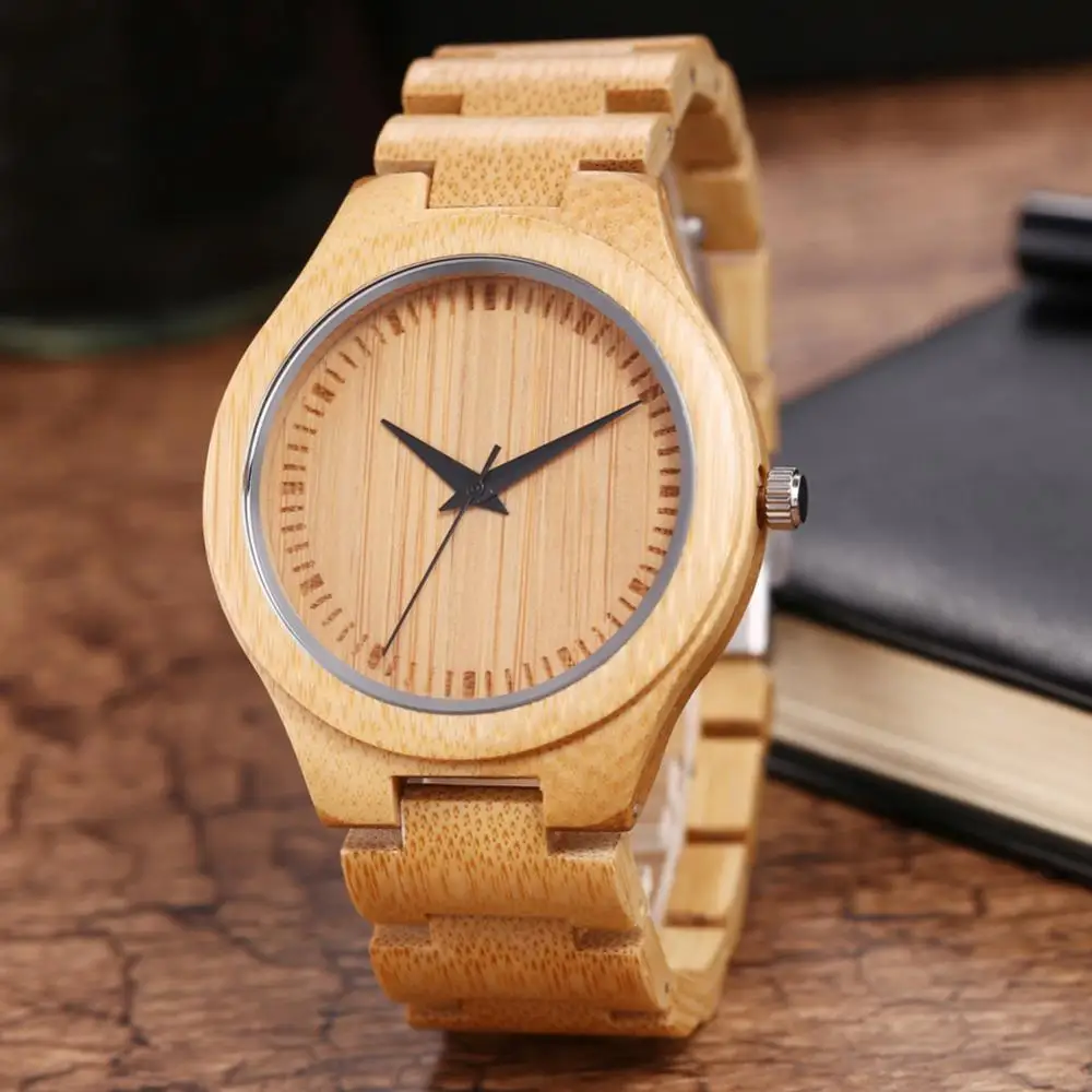 Reloj japonés para hombre, reloj de pulsera a la moda, esfera redonda, banda de bambú, cierre de mariposa, sin número, relojes de pulsera de cuarzo analógicos, reloj de regalo