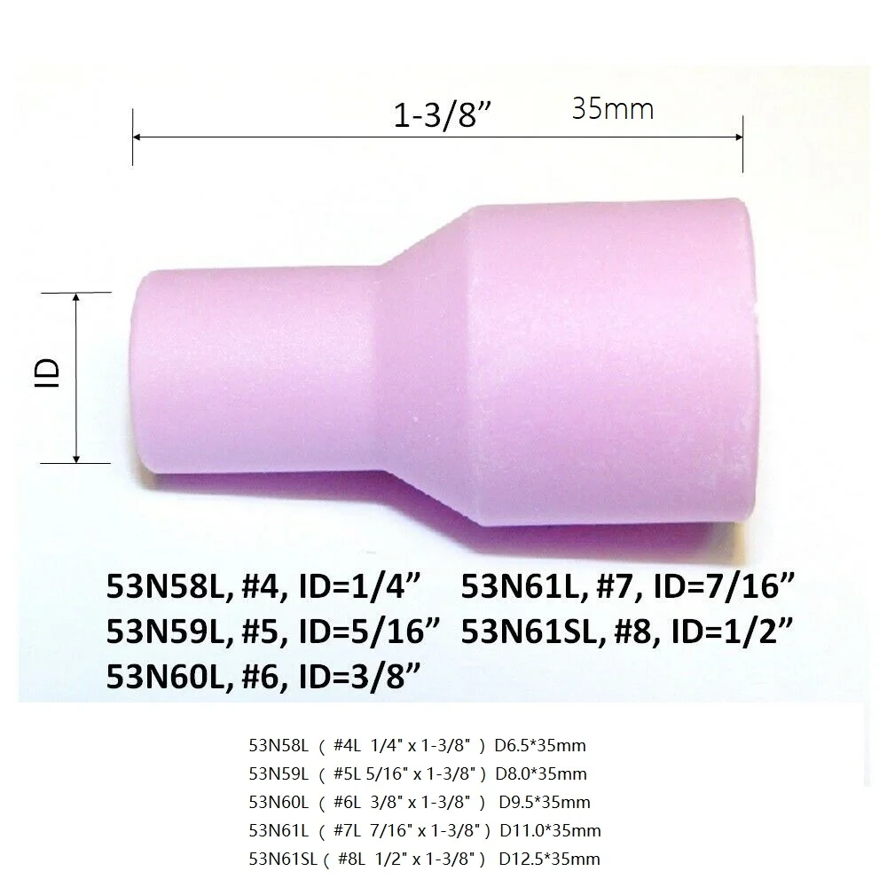 Tig aluminiaノズルセラミックカップロングキット 53N58L 53N59L 53N60L 53N61L 53N61SL sr wp 9 20 25 tig溶接トーチ 10 個...