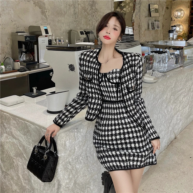 New  Autumn Winter High Quality Women 2 Piece Set Tweed Plaid Jacket Coat+Sling Mini Dress Elegant Fashion Party Dresses Suit