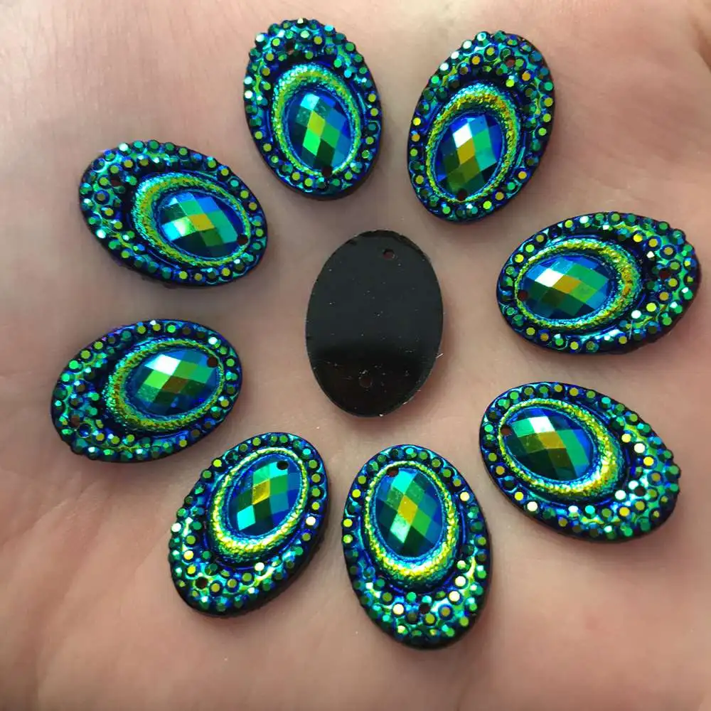 Shiny 60PCS AB Resin 13*18mm Oval Peacock Eye FlatBack Rhinestone  Scrapbook Wedding 2 Hole Appliques Ornament SF108