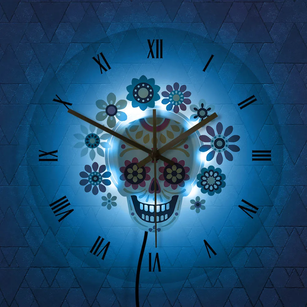 Day of the Dead Home Decorative Floral Sugar Skull Mexican Design Colorful Transparent Acrylic Printed Wall Clock Wall Art