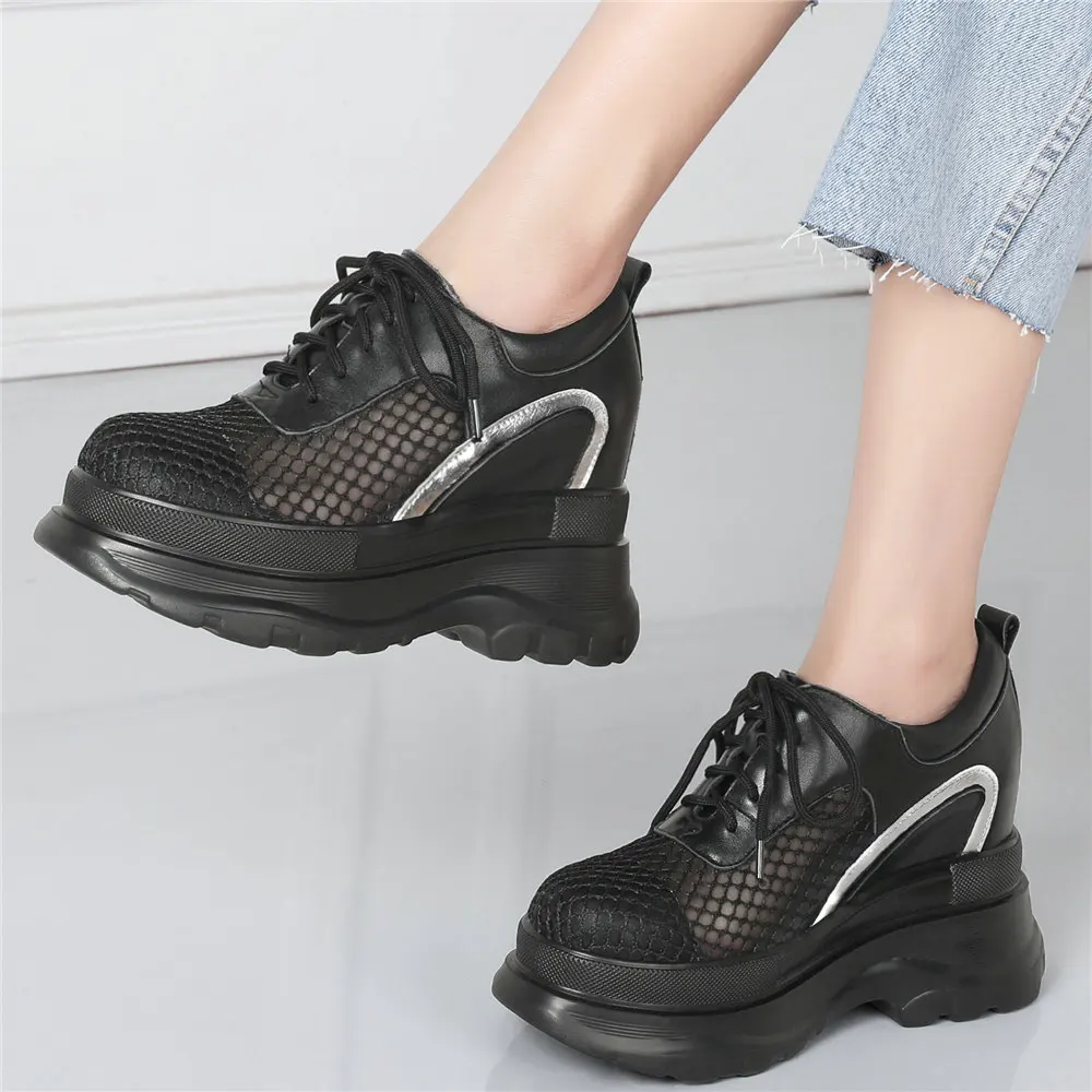 Fashion Sneakers Women Lace Up Genuine Leather Wedges High Heel Ankle Boots Female Breathable Mesh Round Toe Platform Pumps Shoe