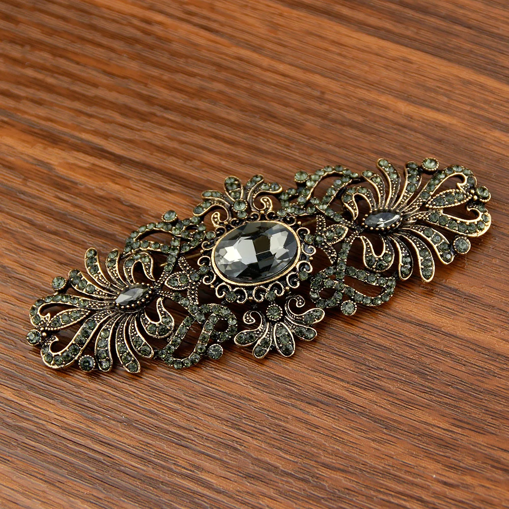 Sunspicems Vintage Gray Crystal Bohemia Flower Brooch For Women Retro Gold Color Full Crystal Turkish Wedding Bijoux Hijab Pins