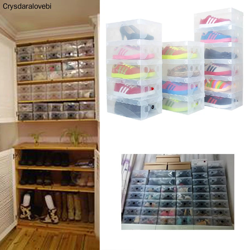 10pcs/lot Clear Plastic Shoes Storage Box Foldable Drawer Type Box For children women men Shoes Organizer