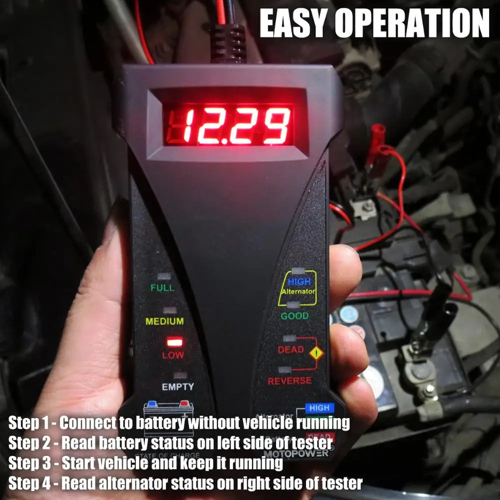 MOTOPOWER 12V Digital Car Battery Tester Voltmeter Battery Load Tester Alternator Tester