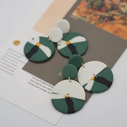 Double Pendants Lotus Floral Pattern Polymer Clay Multi Dark Colors Round Disc Stud Dangle Pendant Earrings Sets Women Jewelry