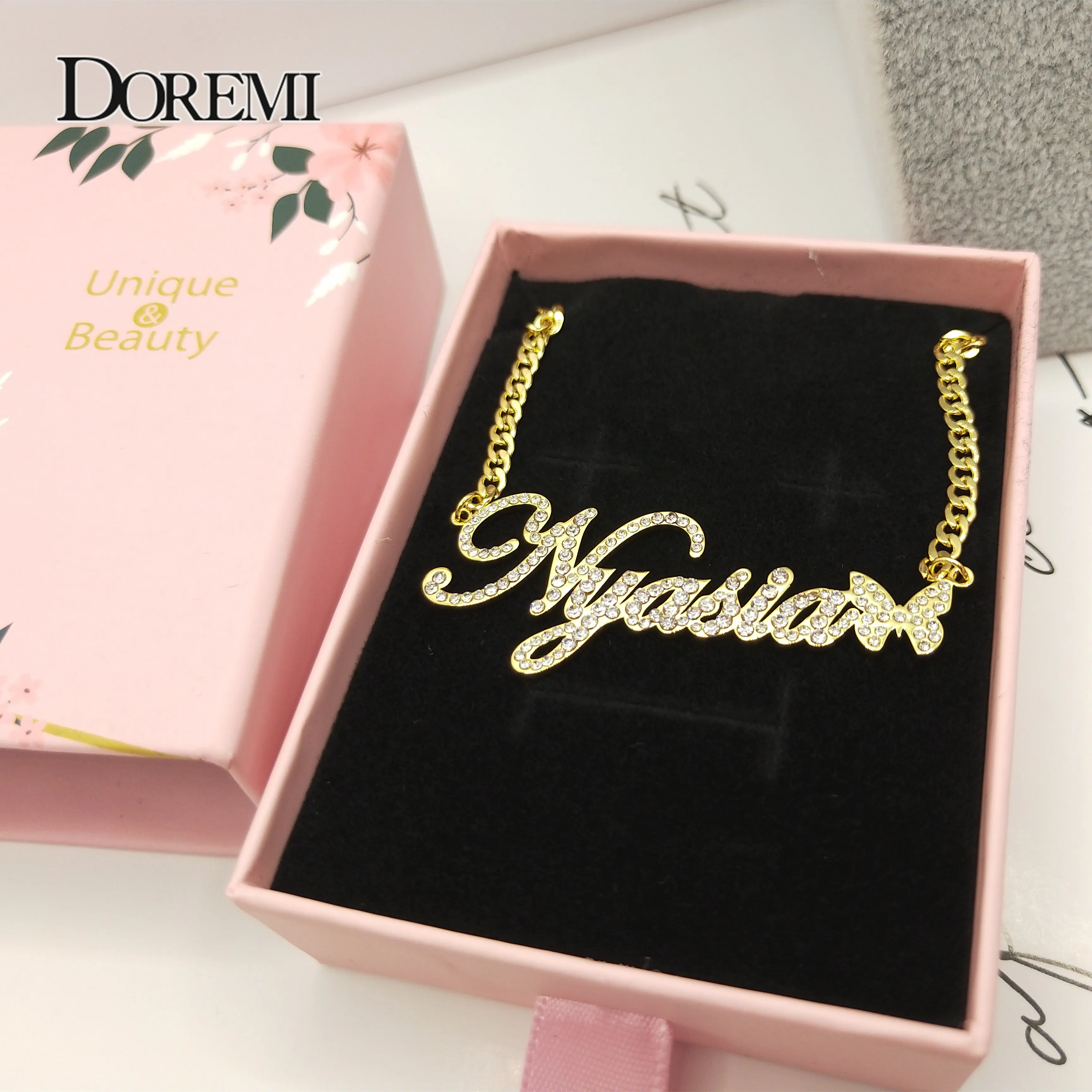 DOREMI 2023 Custom Stainless Steel Name Necklace With Butterfly For Women Gold Cuban Chain Choker Personalized Custom Jewelry