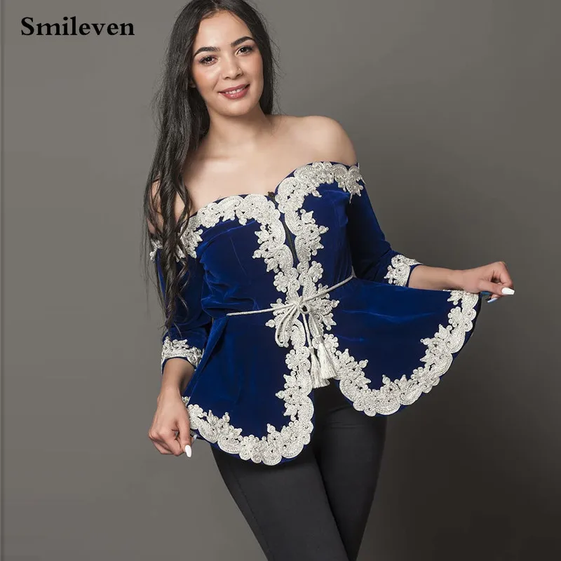 Smileven Navy Blue Velvet  Karakou Algerian Caftan Evening Dresses Off The Shoulder White Lace Party Gowns Only Jacket