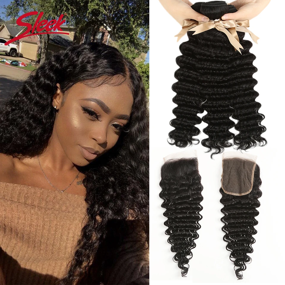 Mèches Brésiliennes Remy 100% Naturelles avec Closure, Cheveux Deep Wave Élégants, Document Naturel, pour Femme Noire, 3 Lots