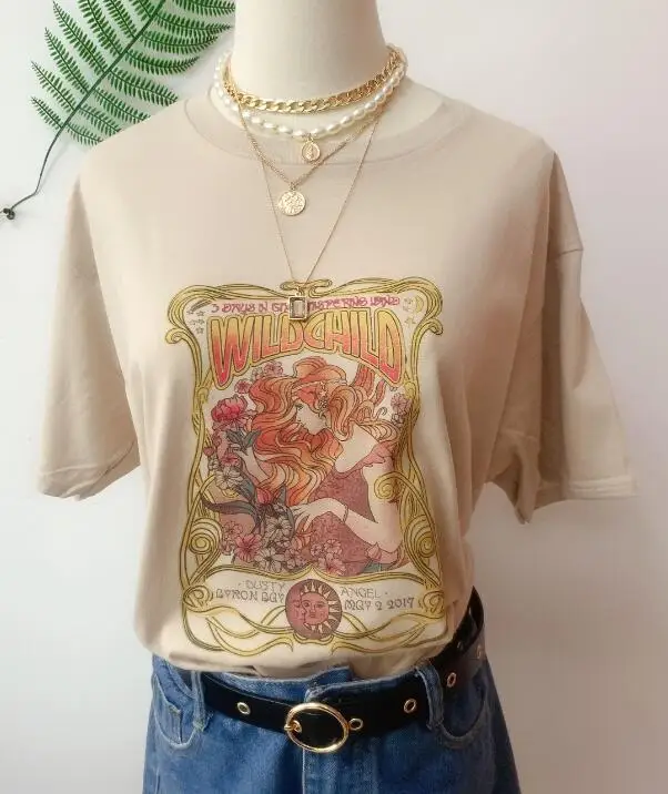 1PCS WILD CHILD Duty Angel Printed Khaki T Shirt Boho Gypsy Girl Print T-shirt Tops Cotton Apricot O Neck Bohemian T-shirts