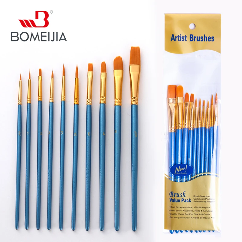 10Pcs/set Nylon Artist Paint Brush Professional Watercolor Acrylic Wooden Handle Painting Brushes Art Supplies Stationery