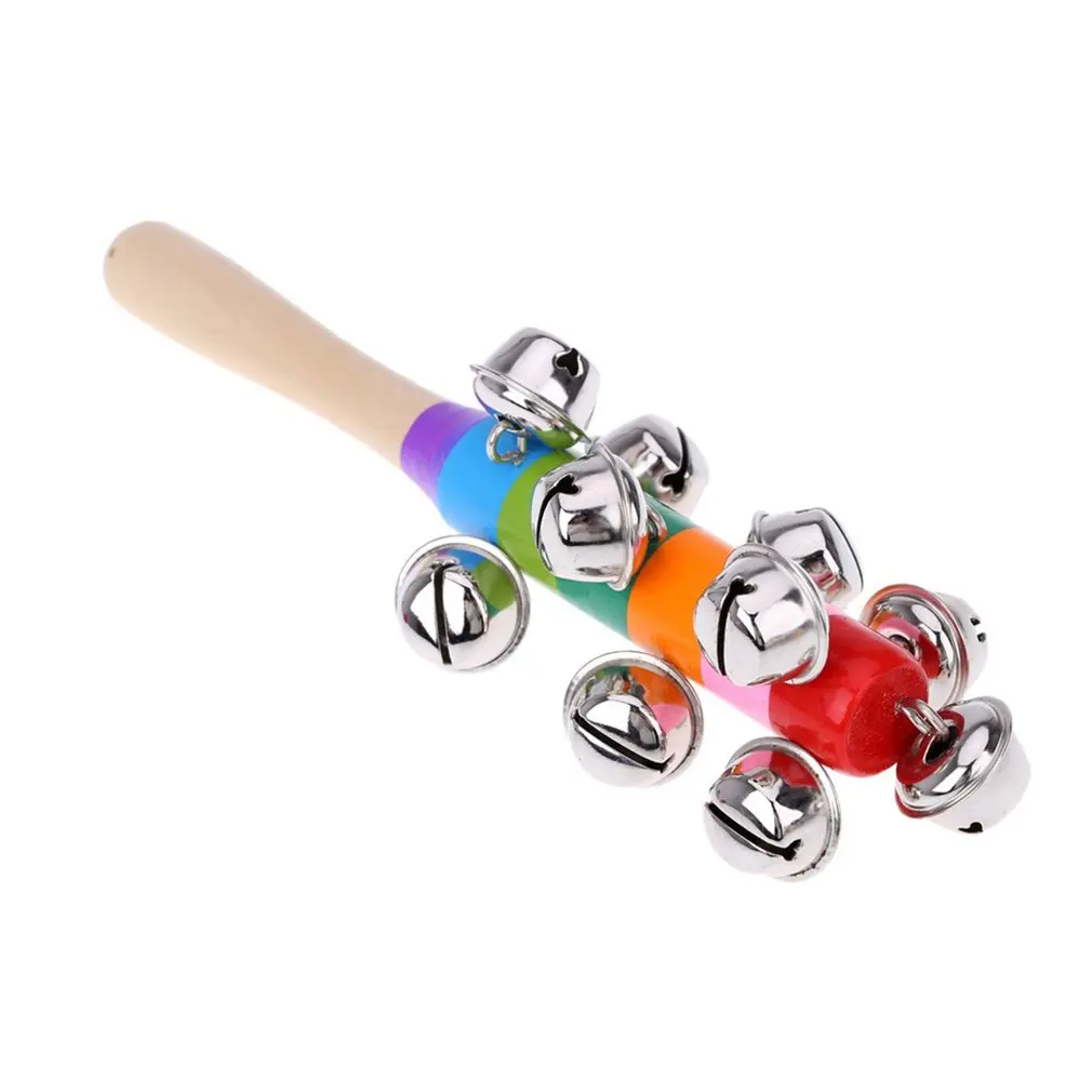 Baby Rattle Held Bell Stick Wooden With 10 Metal Jingles Ball Colorful Rainbow Percussion Musical Toy Baby Attetion Training Toy