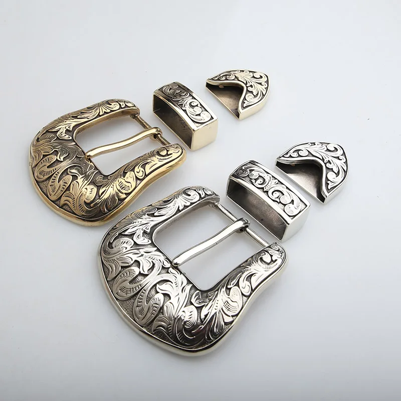 Style Silver Plated Metal Belt Buckle Men\'s Vintage Embossed Three Piece Pin Buckles DIY Leather Craft Buckle 3pcs/set