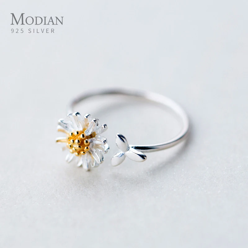 Modianน่ารักDaisyและใบเงินแท้925แหวนแฟชั่นผู้หญิงเปิดแหวนเครื่องประดับ