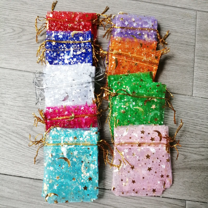 500 sztuk księżycowe gwiazdy torba na prezenty torby do pakowania dla biznes wysyłka ubrania etui na biżuterię ślubną Mini torby ze sznurkiem torba z organzy
