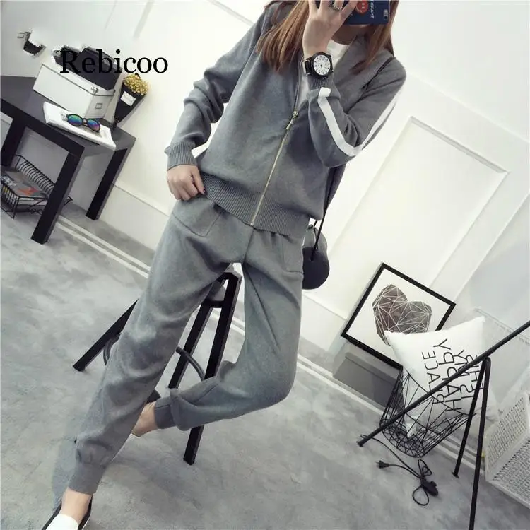 

Autumn Women Striped Knitting Tracksuit Zipper Sweater Cardigans + Pants Sweatsuit Female Winter Warm 2pcs Sportwear Outfits