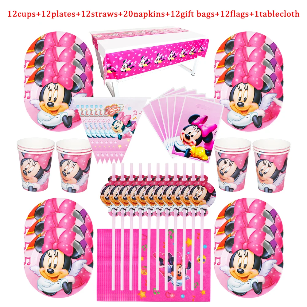 Minnie Mouse Party Decorations Birthday Girl Plate Cup Knife Fork Spoon 40/12/56/68/81Pcs Suitable For 12 People  Baby Shower