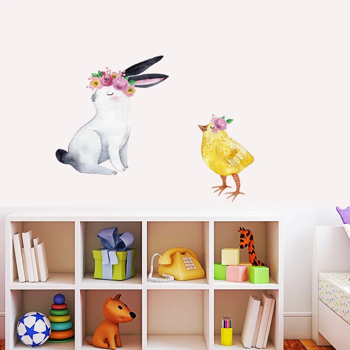 Three Ratels QCF20 Warm watercolor Farm small animal rabbit goat chicken pink piglet  wall stickers for children home decoration